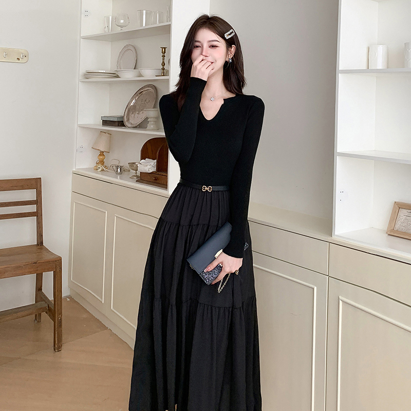Splice knitted autumn black light luxury dress for women