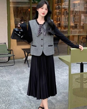 France style dress round neck waistcoat 2pcs set for women