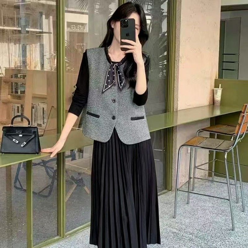 France style dress round neck waistcoat 2pcs set for women