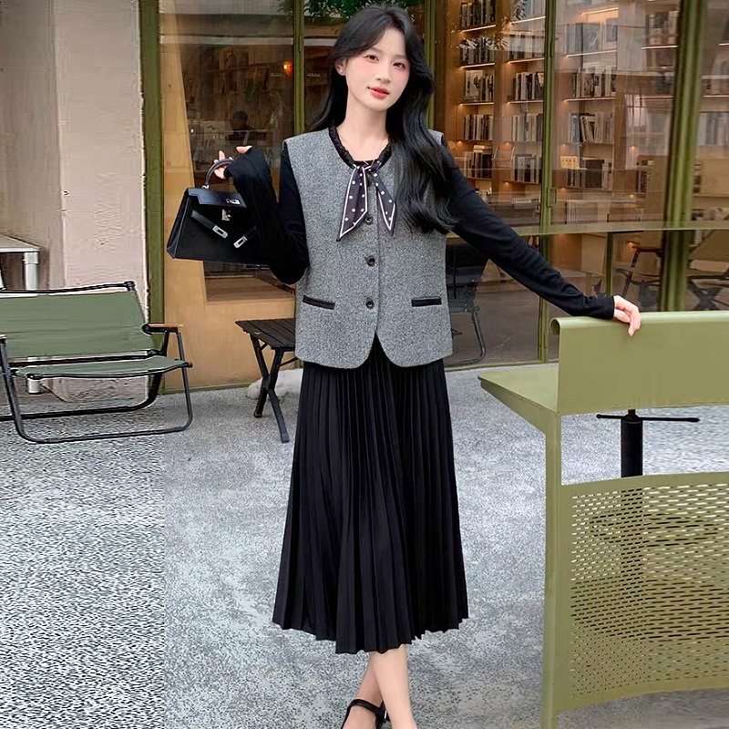 France style dress round neck waistcoat 2pcs set for women
