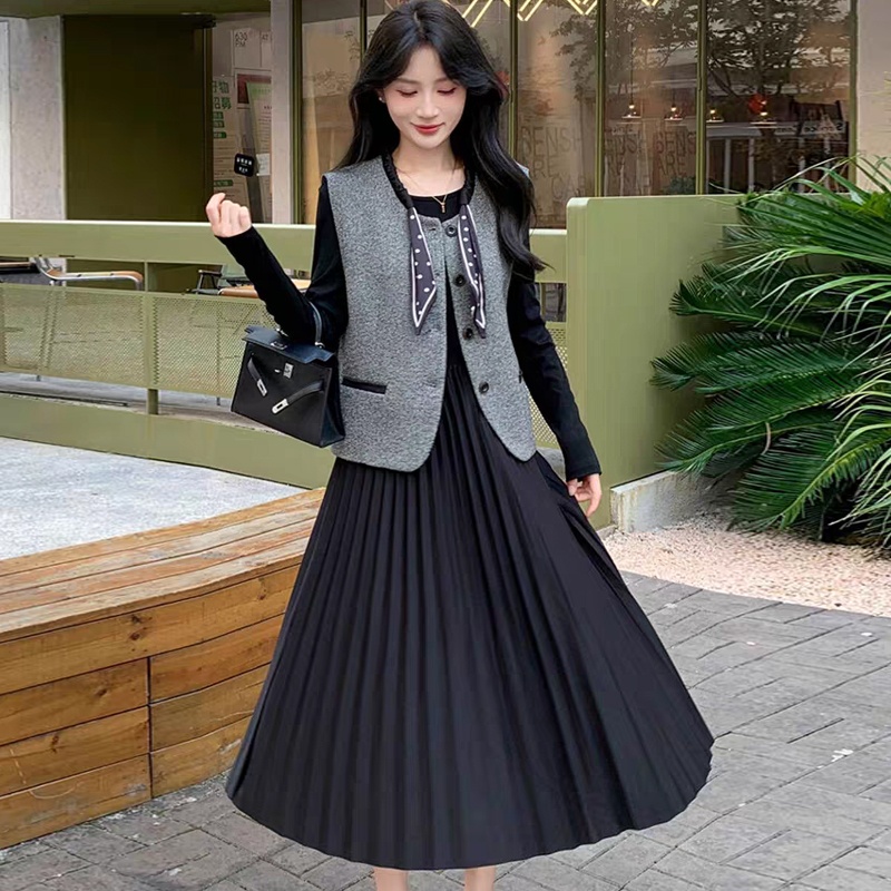 France style dress round neck waistcoat 2pcs set for women