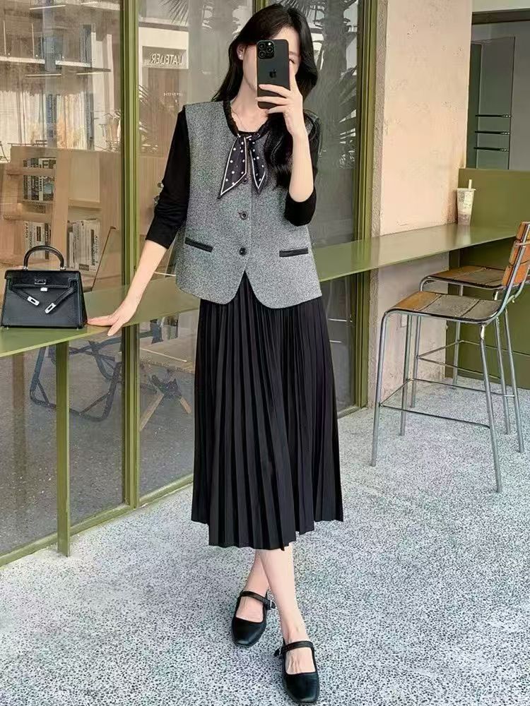 France style dress round neck waistcoat 2pcs set for women