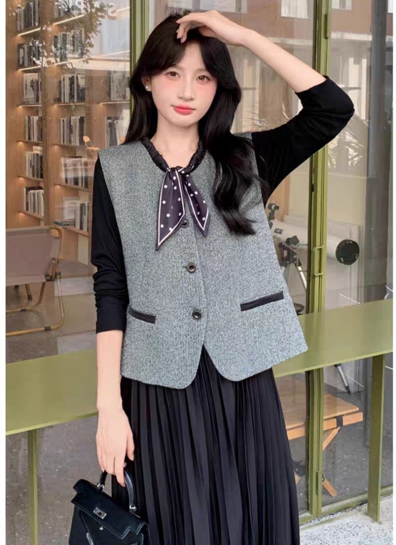 France style dress round neck waistcoat 2pcs set for women