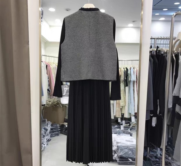 France style dress round neck waistcoat 2pcs set for women