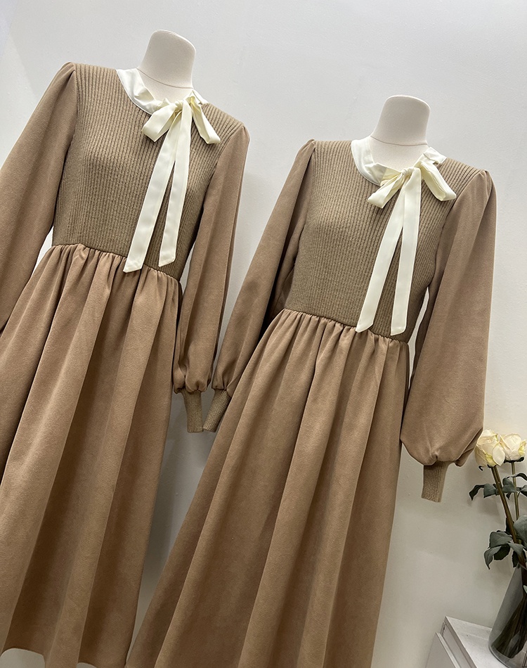 Streamer collar Korean style pinched waist dress