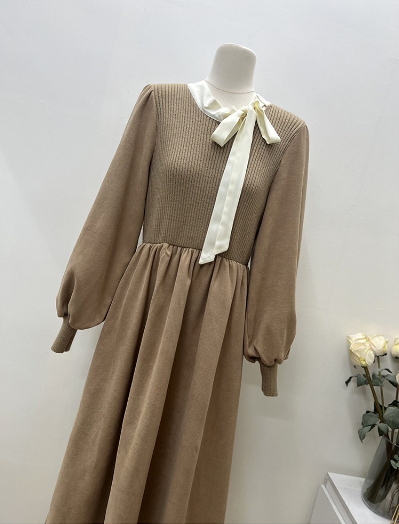 Streamer collar Korean style pinched waist dress