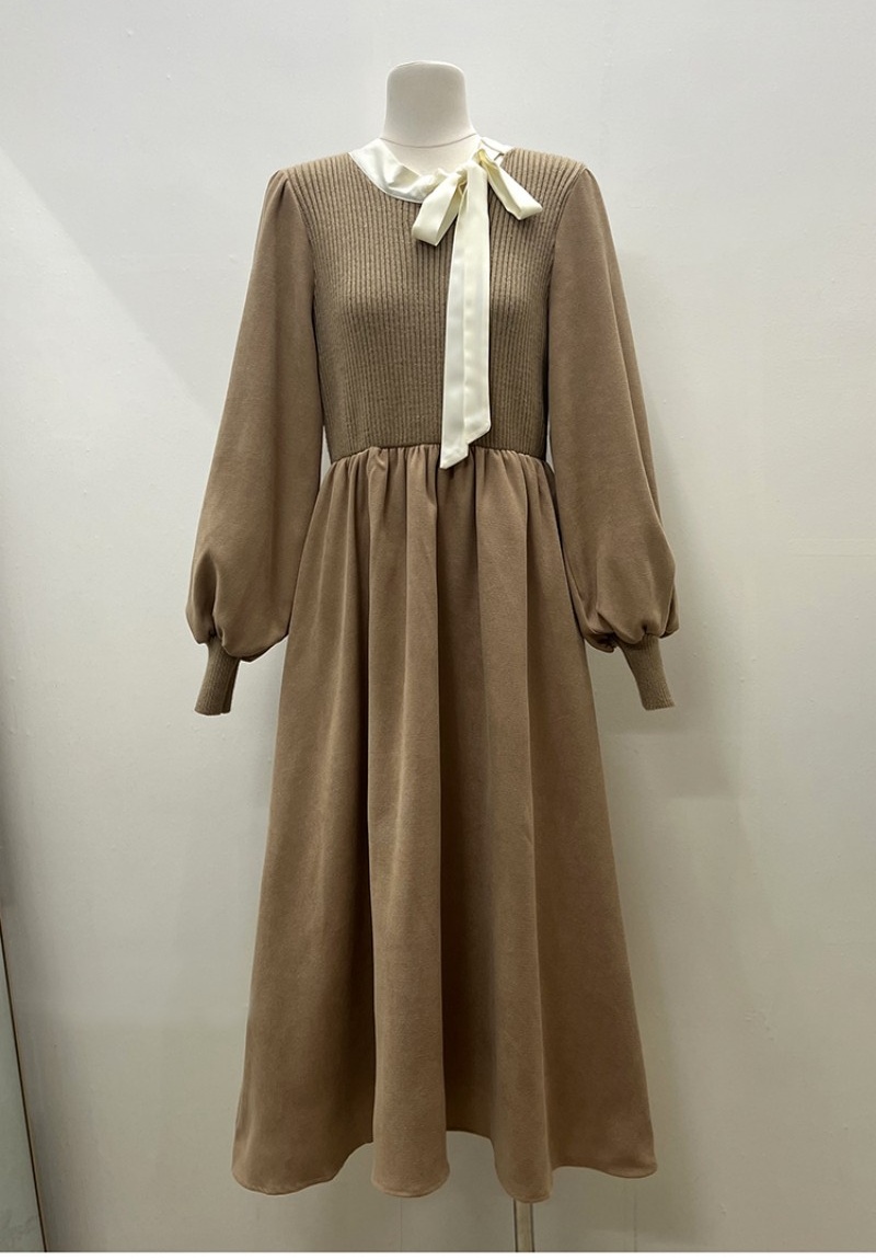Streamer collar Korean style pinched waist dress