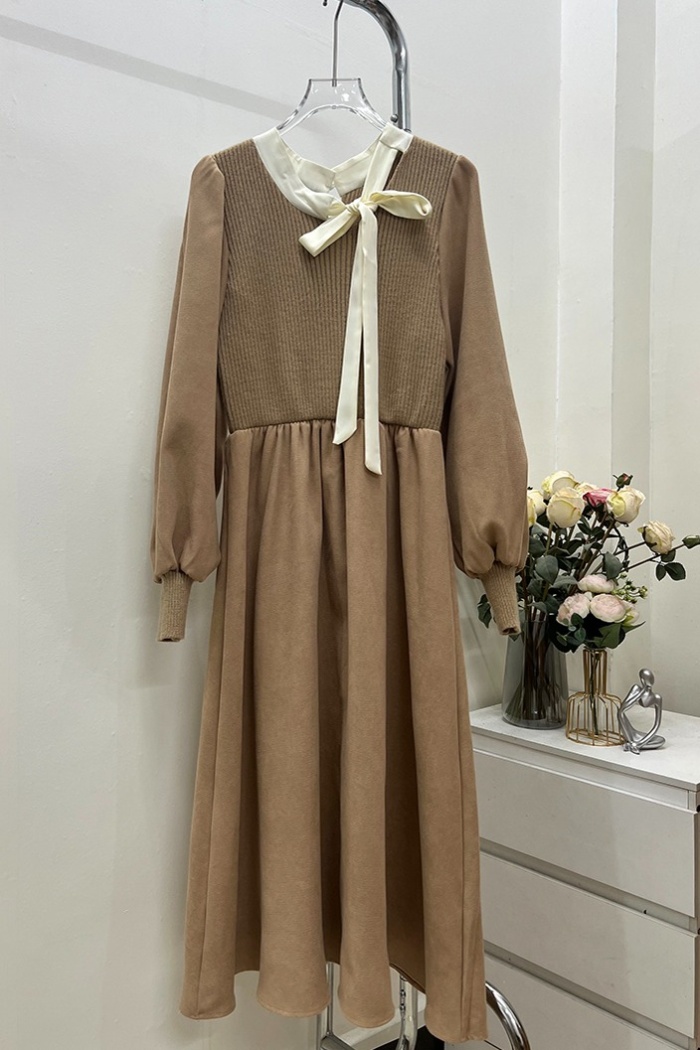 Streamer collar Korean style pinched waist dress