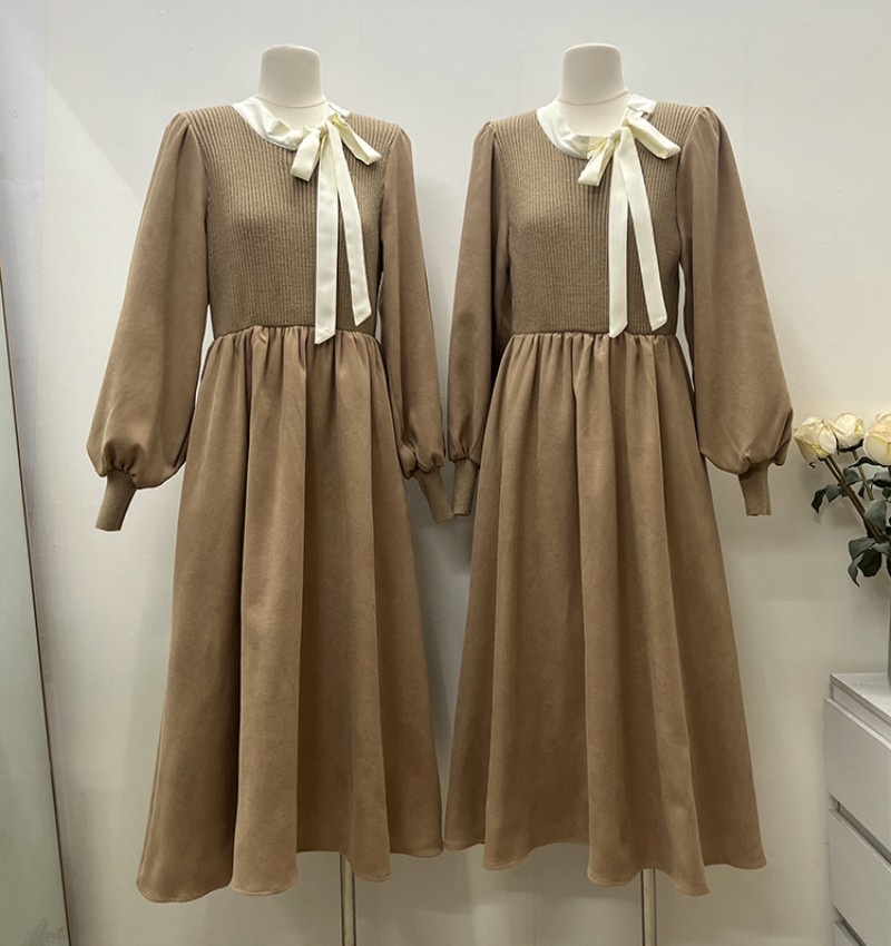Streamer collar Korean style pinched waist dress