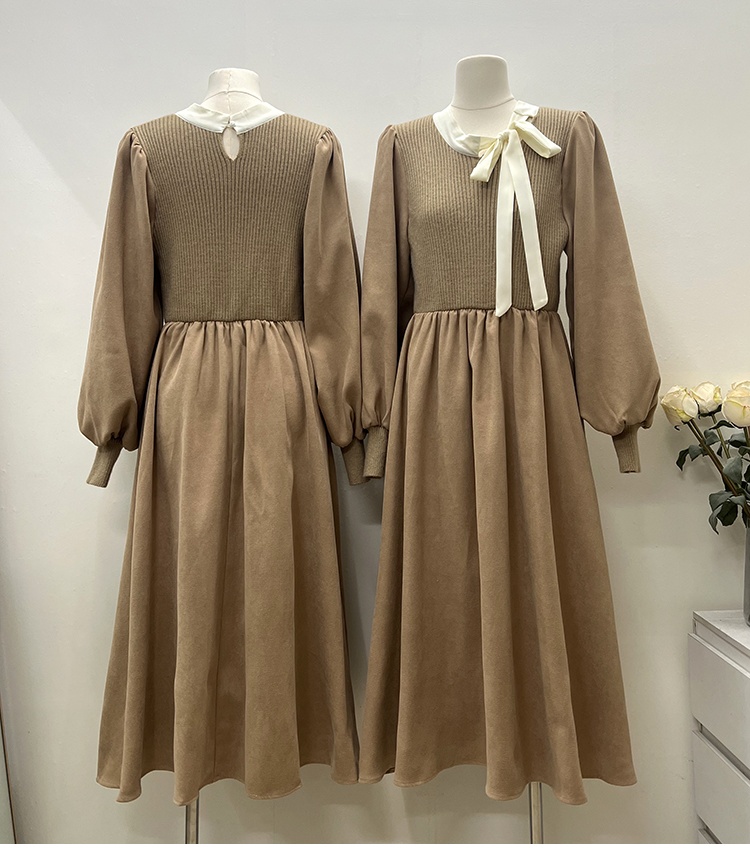 Streamer collar Korean style pinched waist dress