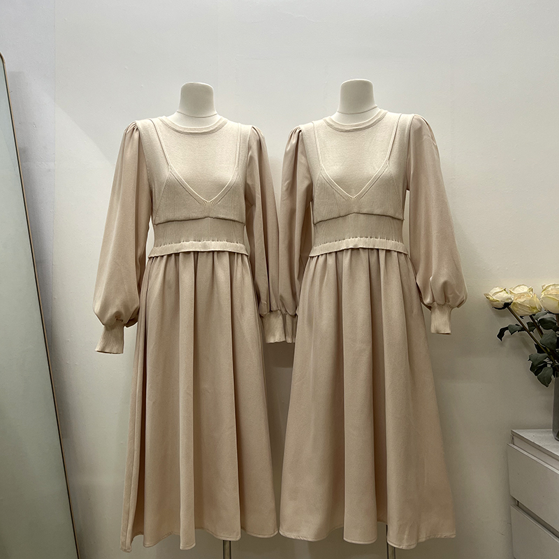 Temperament niche Pseudo-two all-match pinched waist dress