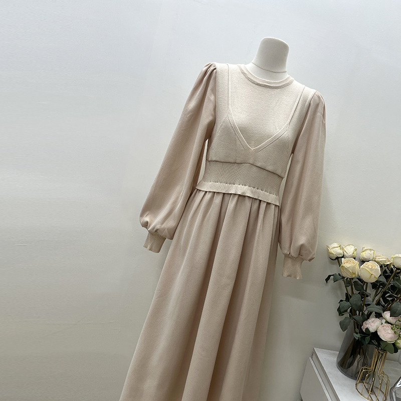 Temperament niche Pseudo-two all-match pinched waist dress