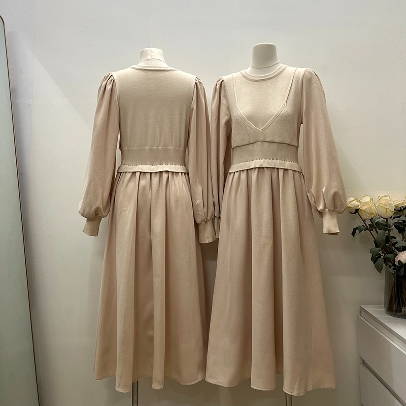 Temperament niche Pseudo-two all-match pinched waist dress