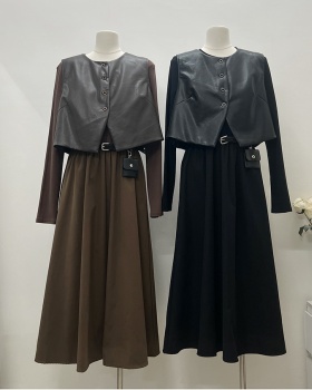 Fashion PU sleeveless dress France style dress a set