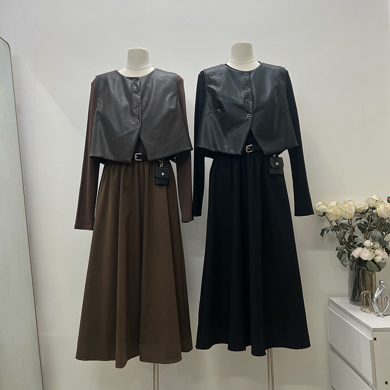 Fashion PU sleeveless dress France style dress a set