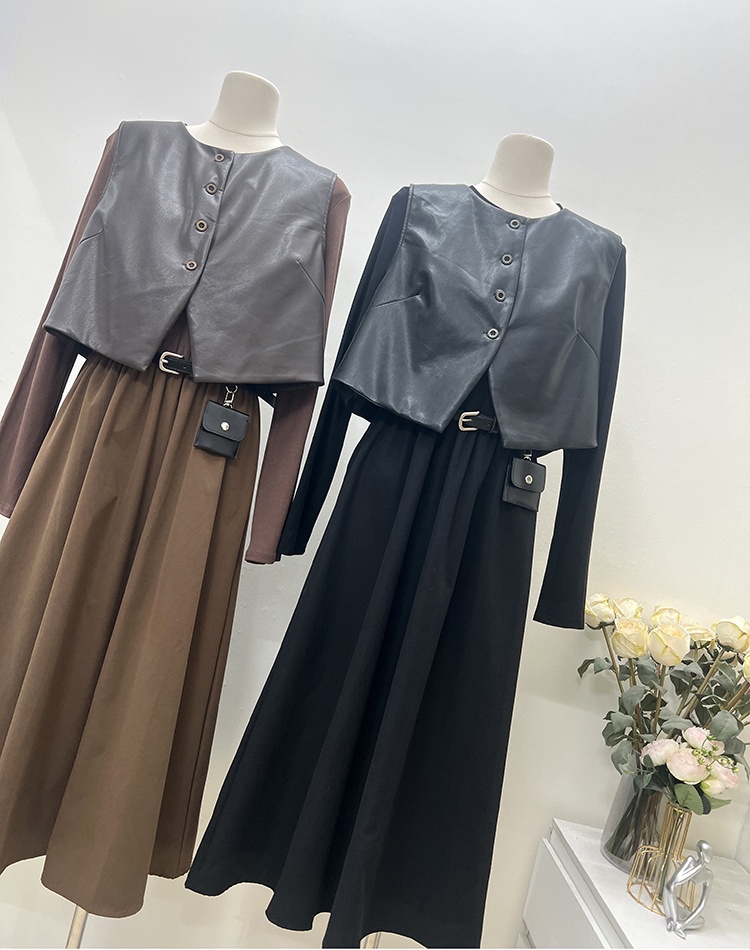 Fashion PU sleeveless dress France style dress a set