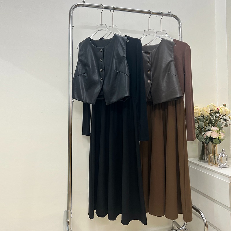Fashion PU sleeveless dress France style dress a set