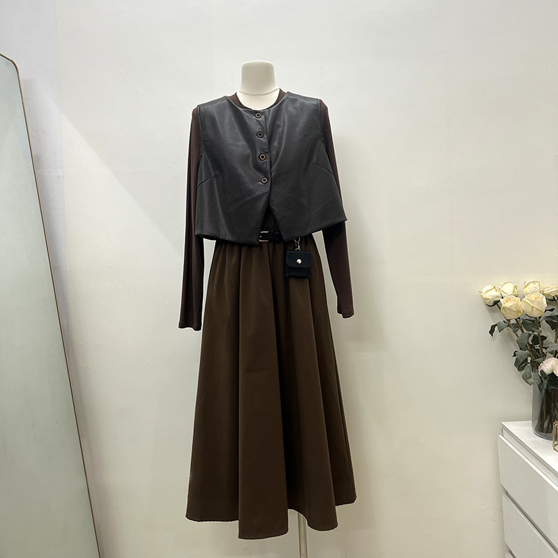 Fashion PU sleeveless dress France style dress a set