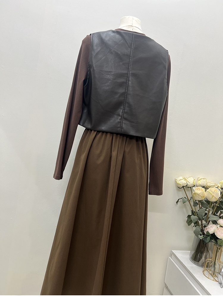Fashion PU sleeveless dress France style dress a set