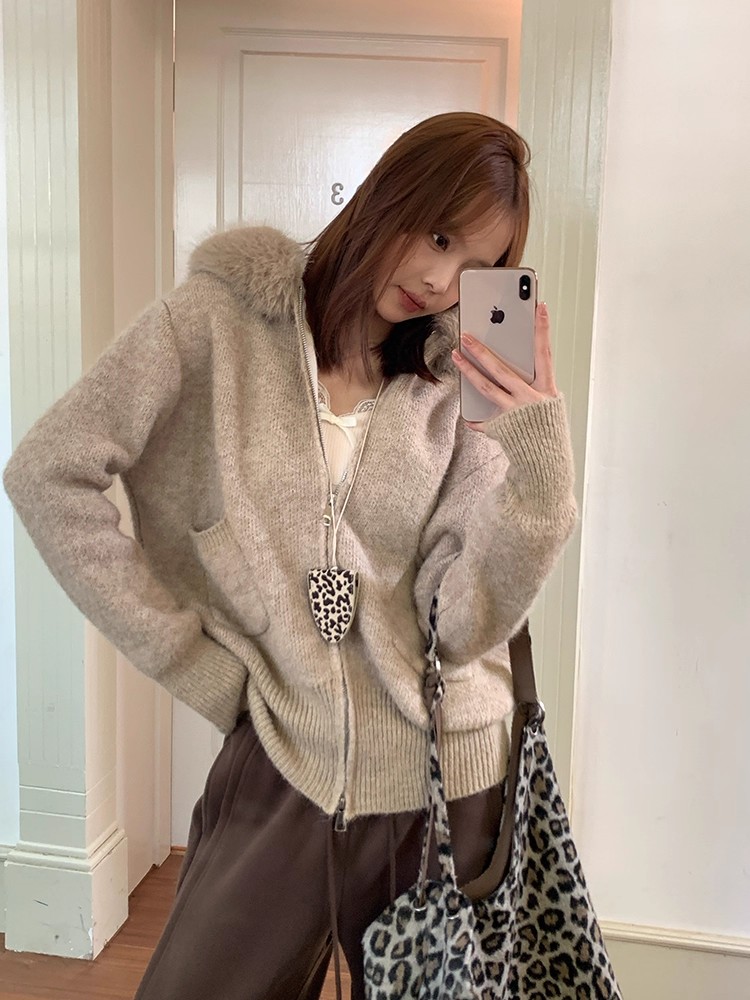 Lazy knitted sweater fur collar loose coat for women
