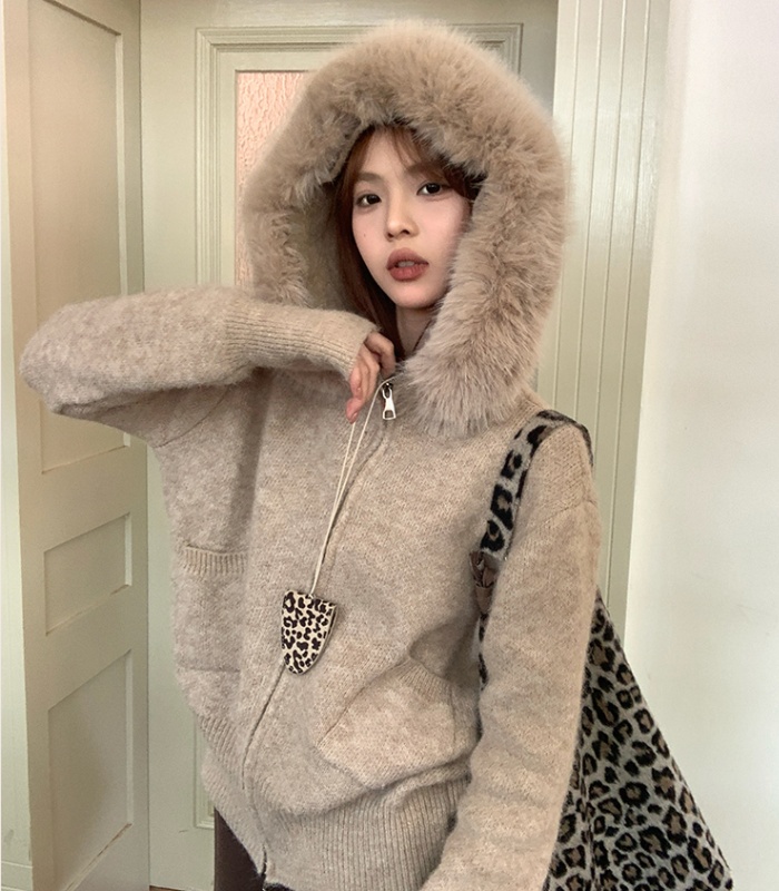 Lazy knitted sweater fur collar loose coat for women