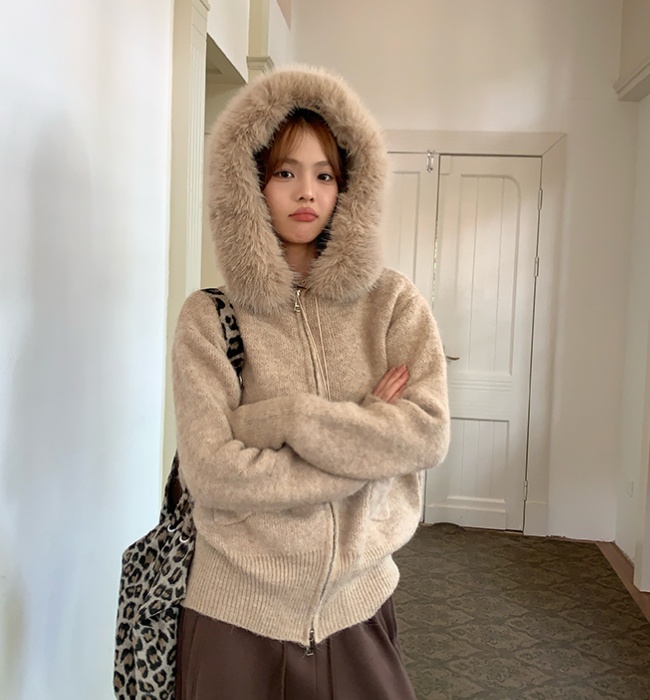 Lazy knitted sweater fur collar loose coat for women