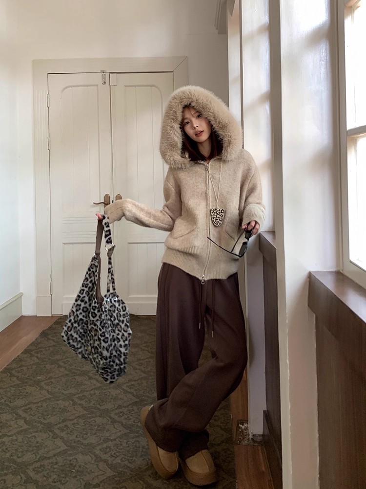 Lazy knitted sweater fur collar loose coat for women