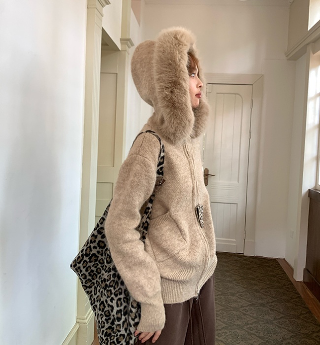 Lazy knitted sweater fur collar loose coat for women