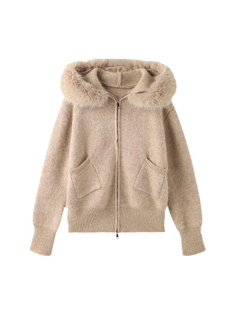 Lazy knitted sweater fur collar loose coat for women