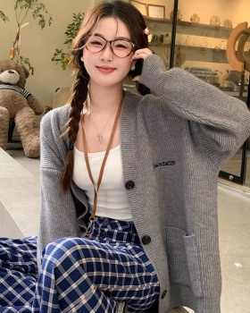 Gray knitted cardigan lazy spring and autumn coat for women