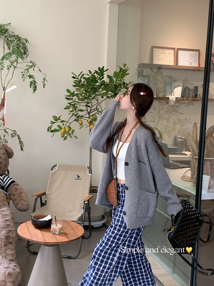 Gray knitted cardigan lazy spring and autumn coat for women