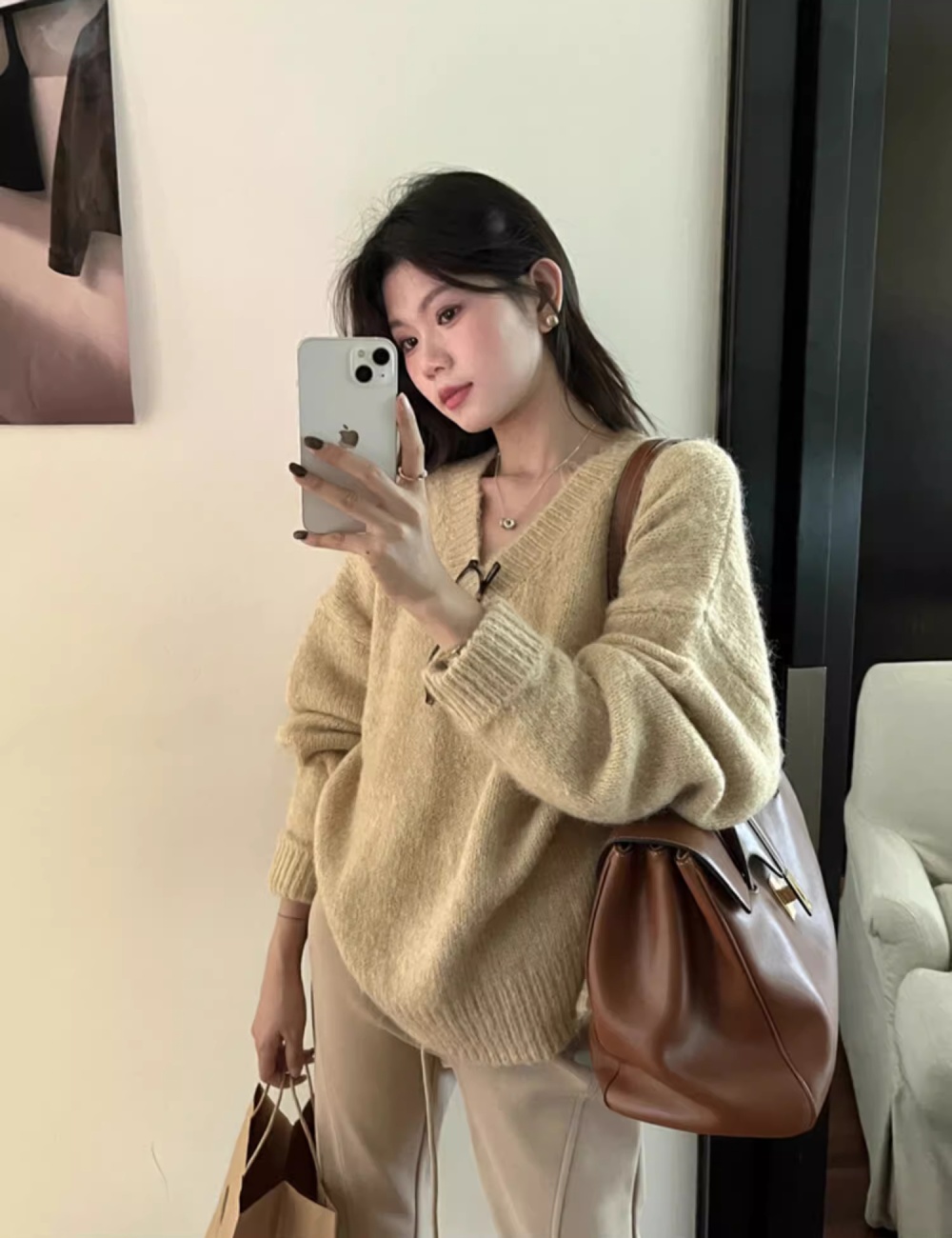 Bottoming V-neck loose winter lazy sweater for women