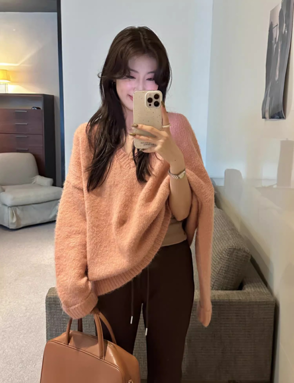 Bottoming V-neck loose winter lazy sweater for women