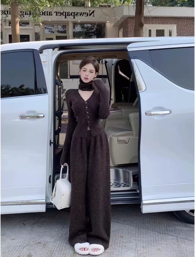 High waist wide leg pants knitted tops a set for women