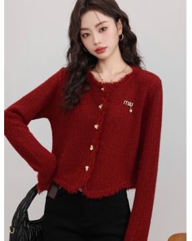 Red knitted cardigan spring short sweater for women