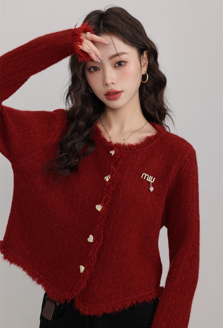 Red knitted cardigan spring short sweater for women