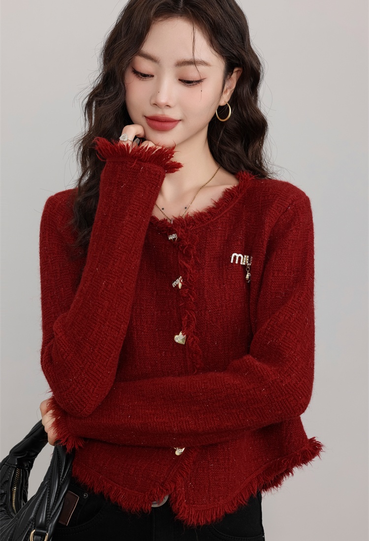 Red knitted cardigan spring short sweater for women