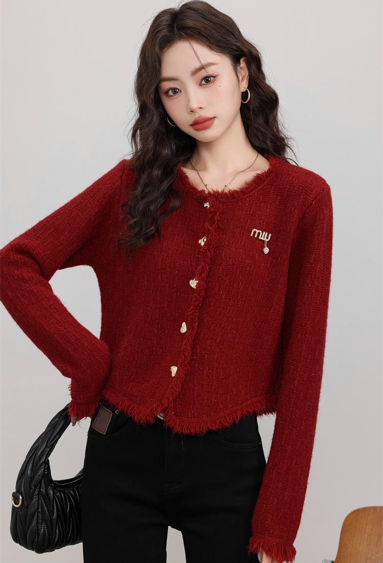Red knitted cardigan spring short sweater for women