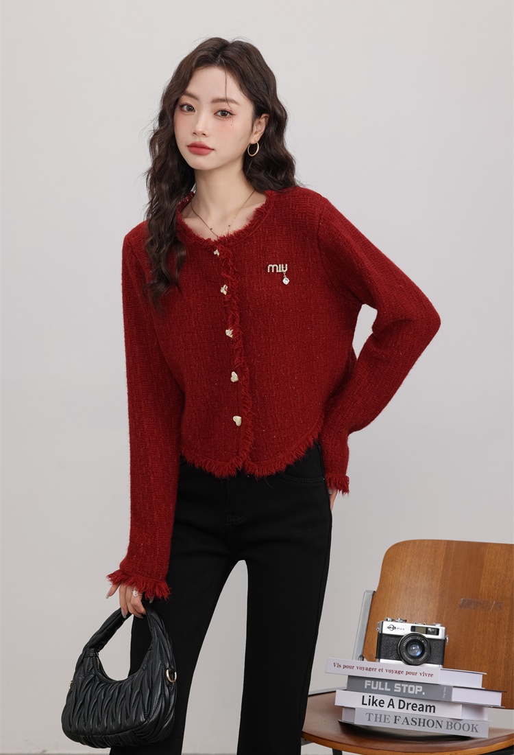 Red knitted cardigan spring short sweater for women