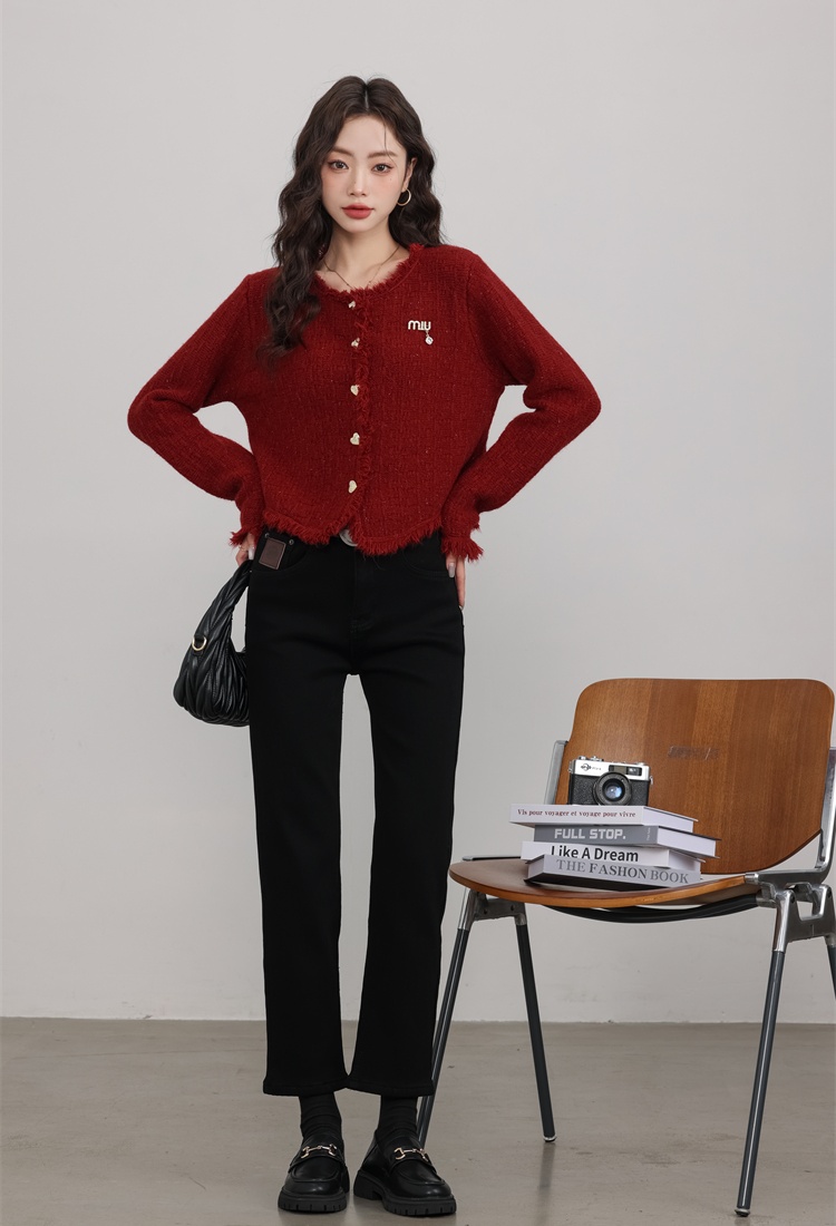 Red knitted cardigan spring short sweater for women