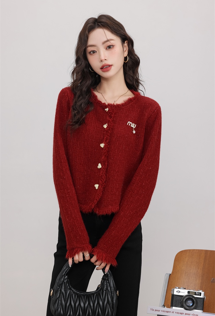 Red knitted cardigan spring short sweater for women