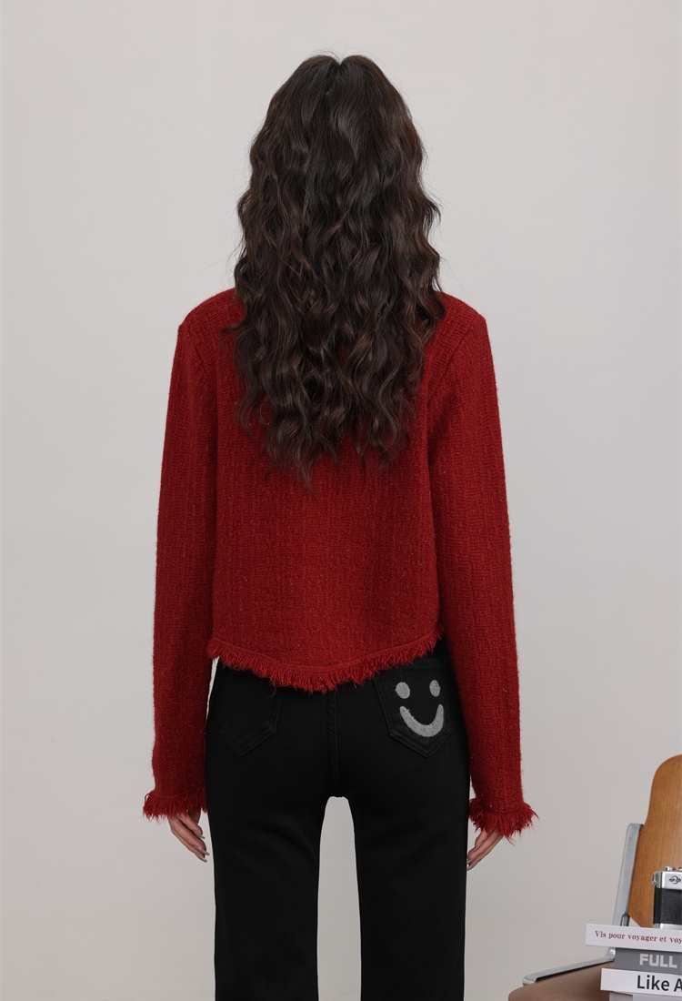 Red knitted cardigan spring short sweater for women