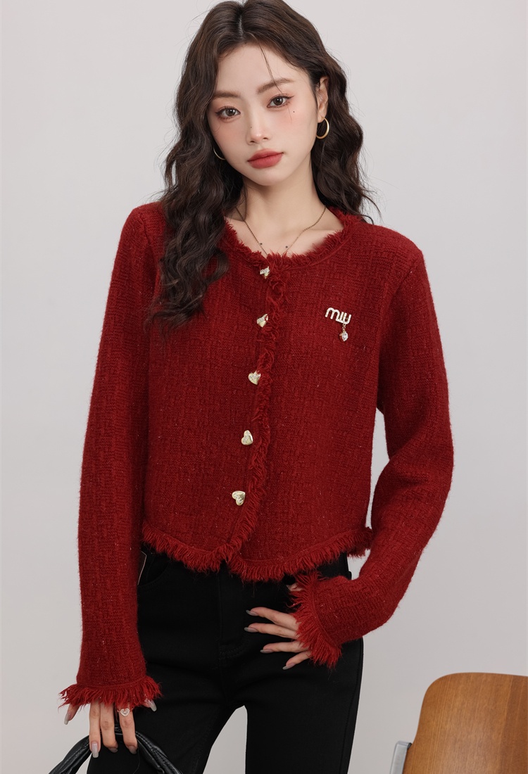 Red knitted cardigan spring short sweater for women