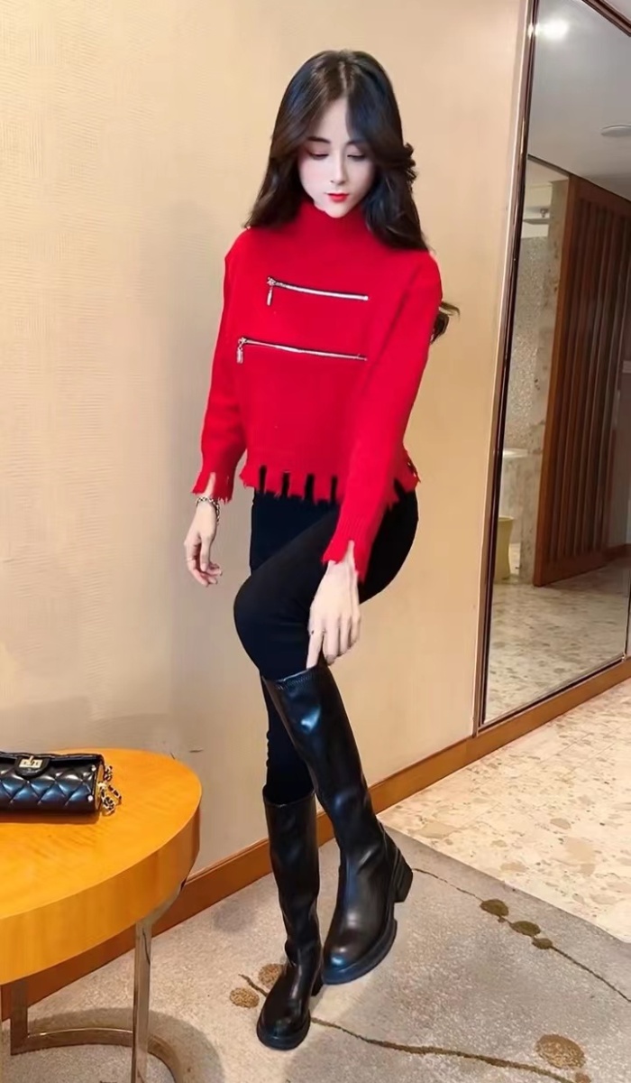 Short loose sweater knitted zip tops for women
