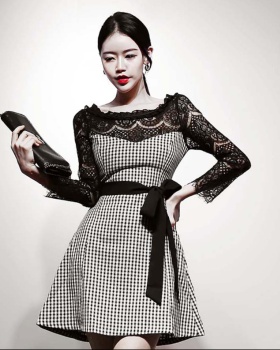 Houndstooth ladies pinched waist slim frenum dress