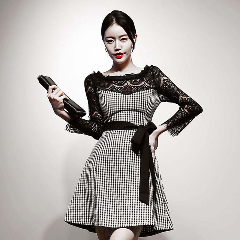 Houndstooth ladies pinched waist slim frenum dress