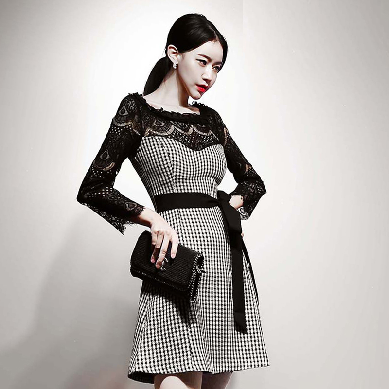 Houndstooth ladies pinched waist slim frenum dress