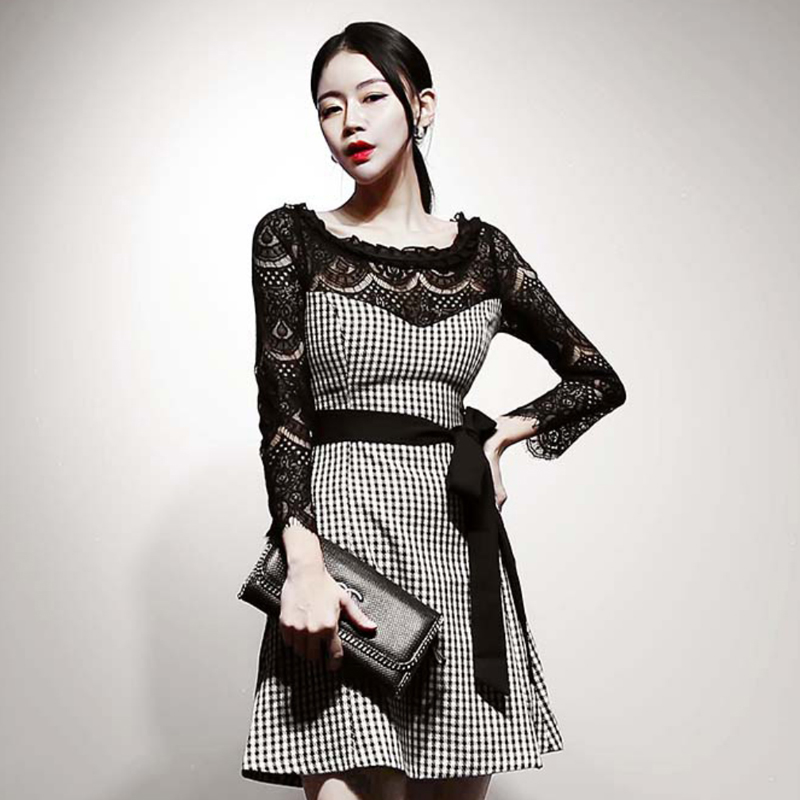 Houndstooth ladies pinched waist slim frenum dress