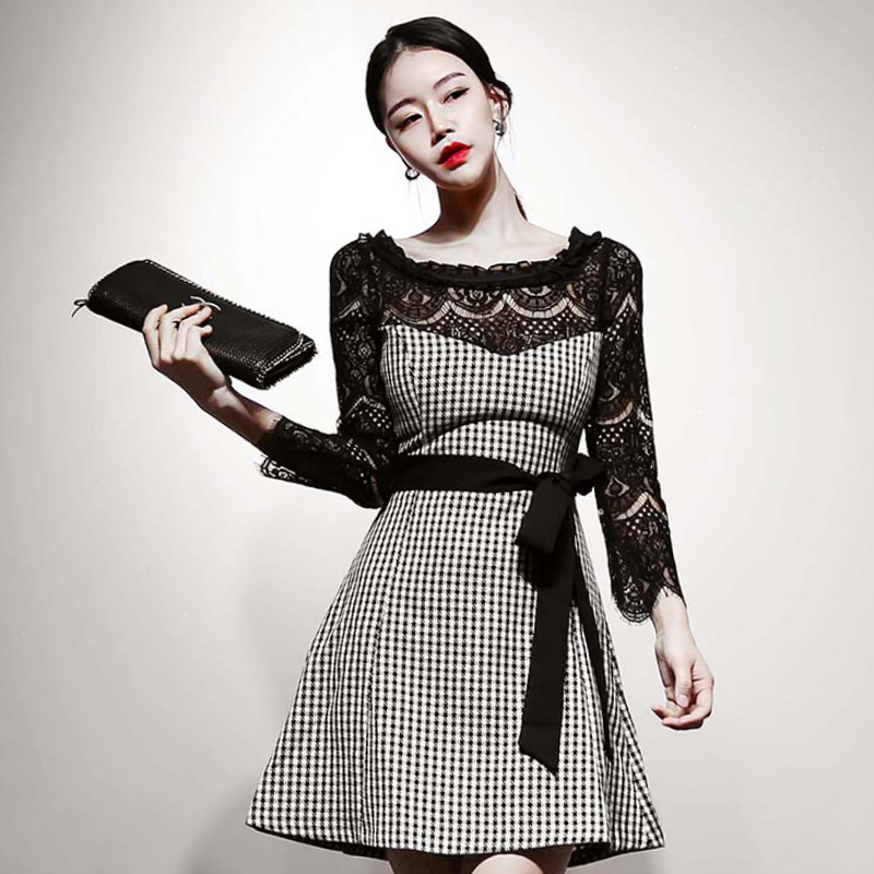 Houndstooth ladies pinched waist slim frenum dress
