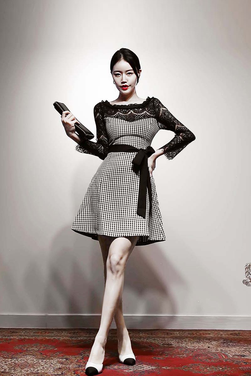 Houndstooth ladies pinched waist slim frenum dress